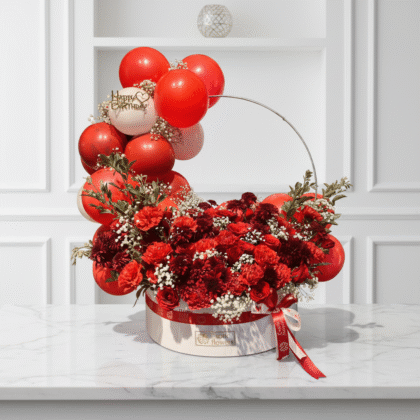 Crimson Celebration Floral & Balloon Basket