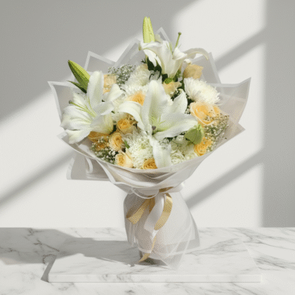 Pure Elegance White Lily & Peach Rose Bouquet